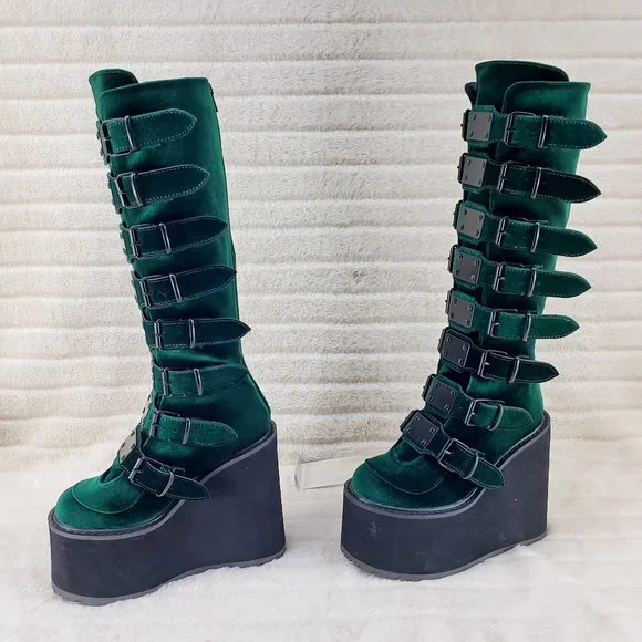 Swing Emerald Green Velvet Goth Punk Multi Strap Platform Restocked - Picture 2 of 14